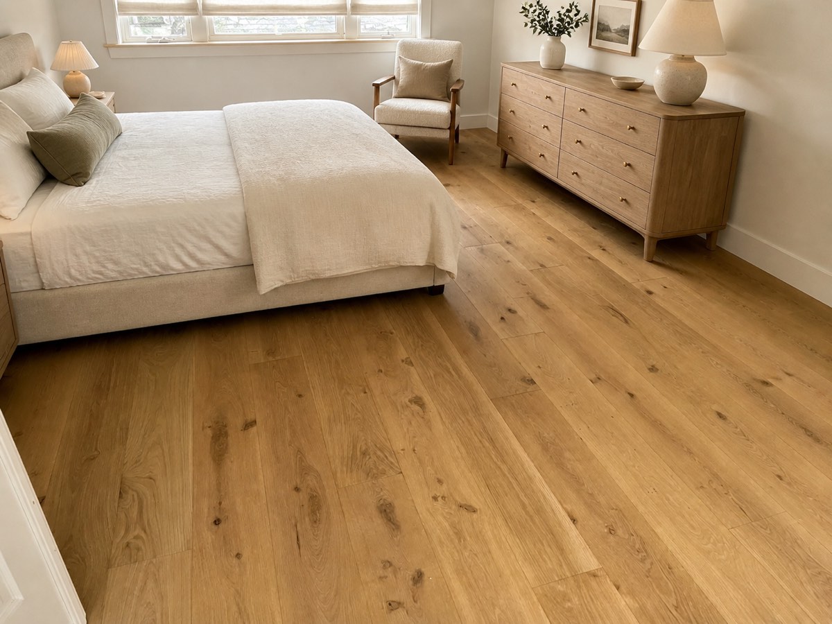 European oak wide-plank hardwood floor in a bright bedroom