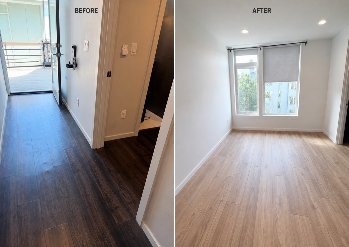 Before and after: dark worn laminate replaced with light oak-look LVP flooring