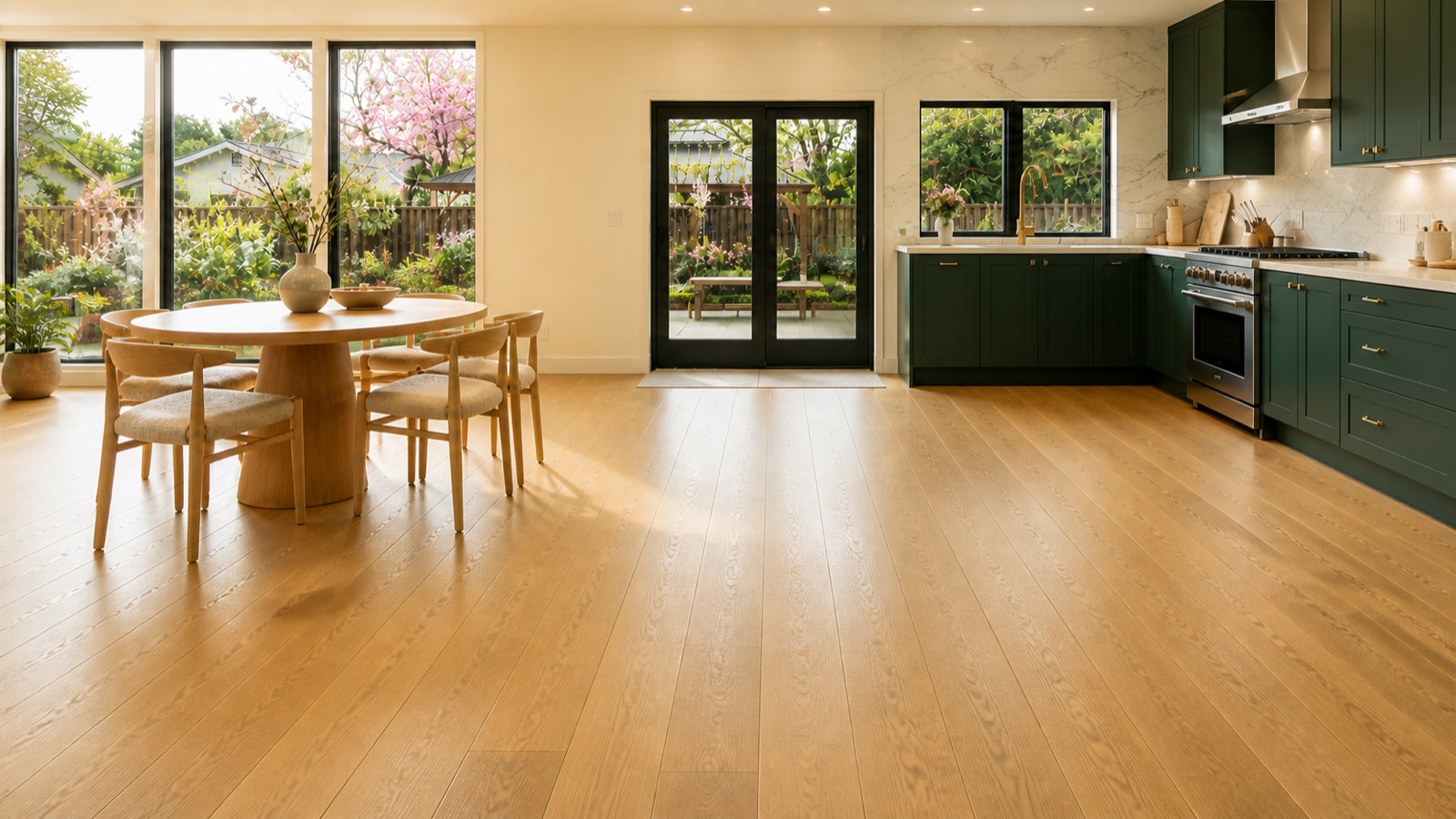 Wide-plank oak hardwood floor in a bright kitchen and dining room with green cabinets