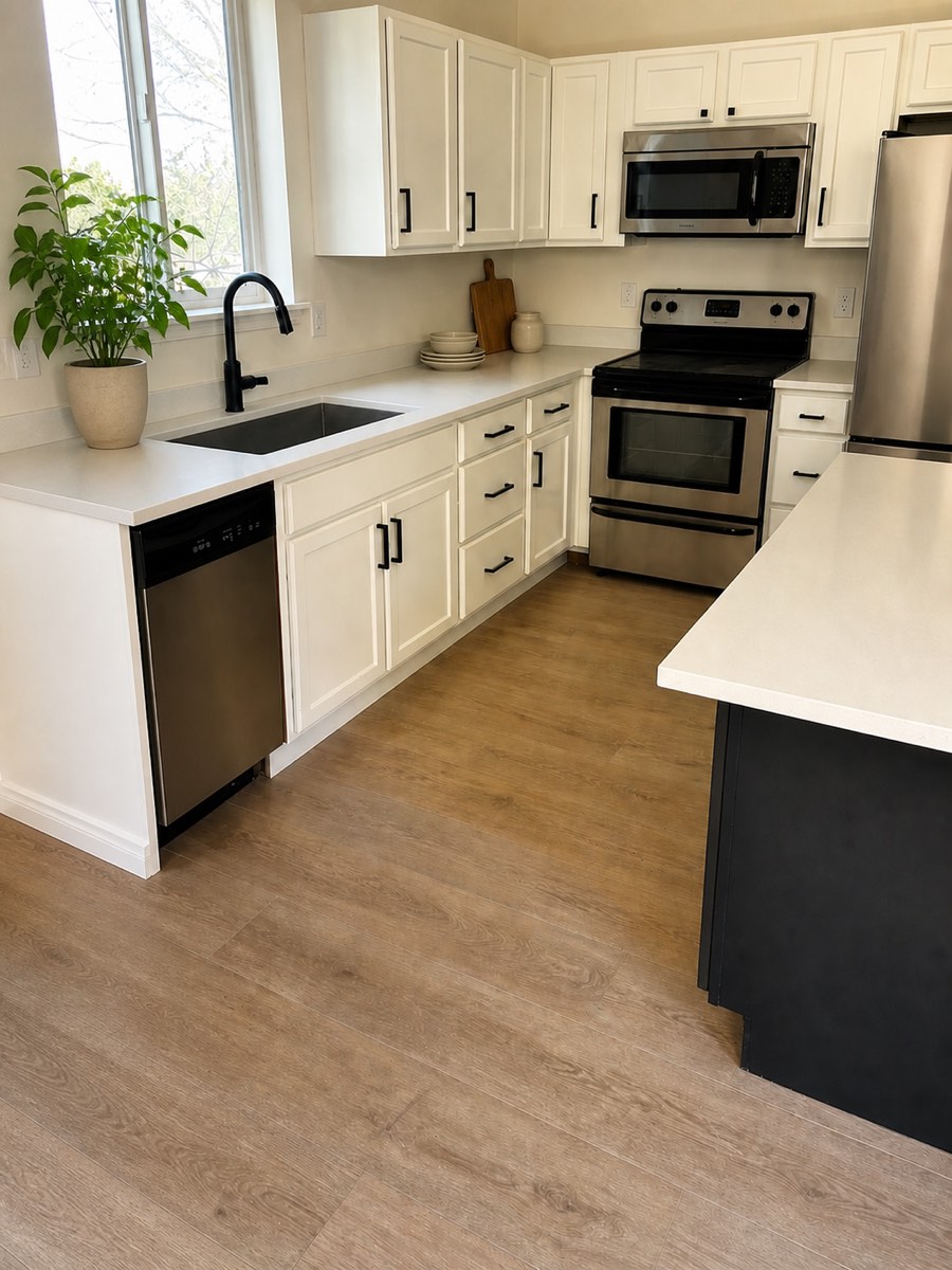 Luxury vinyl plank floor installed in a white kitchen